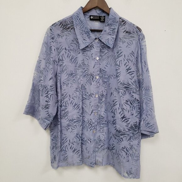 Maggie Barns Womens Sheer Button Up Top Size 24W Purple Tropical Beachy Island - Picture 1 of 15
